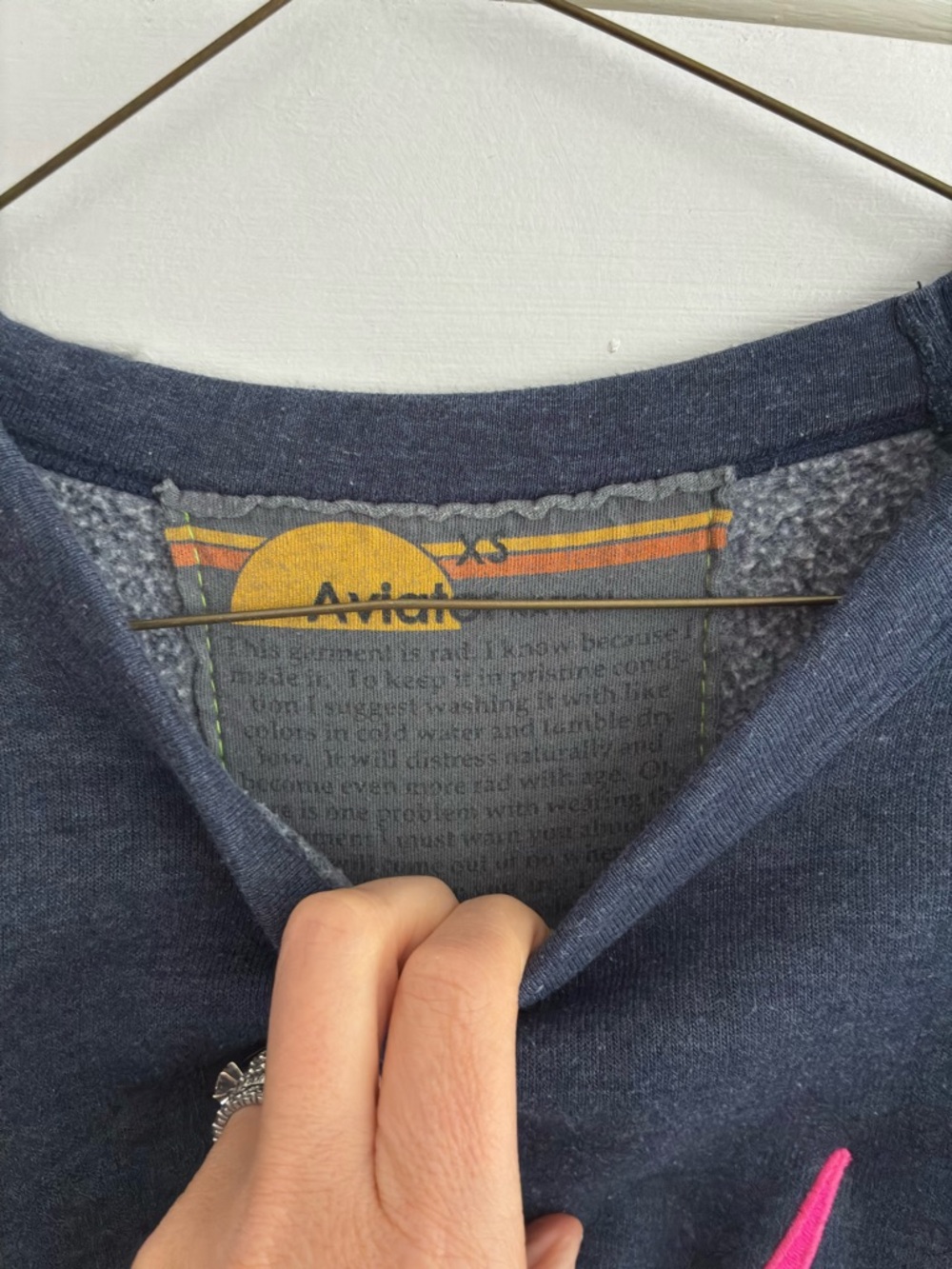 Aviator Nation Navy Cropped Sweatshirt with Neon Pink, Orange & Yellow Stripes - Picture 2 of 3